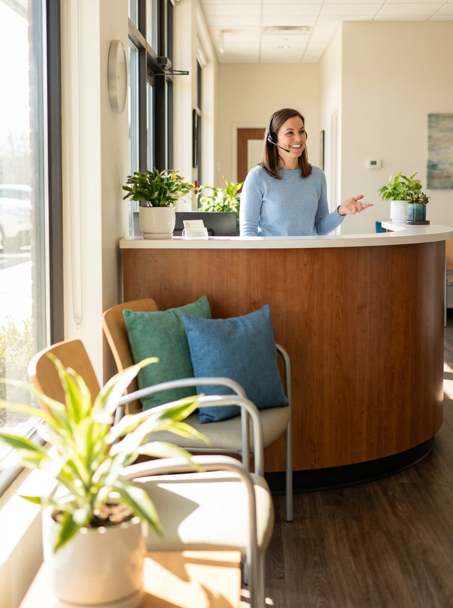 A clinic team member welcoming patients while CareDesk catches every inquiry
